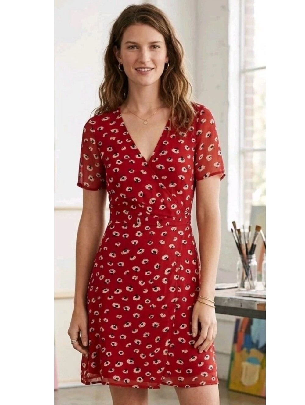 Madewell Floral Mini Dress Red Daisy Short Sleeve V-Neck Lined Dress! 4